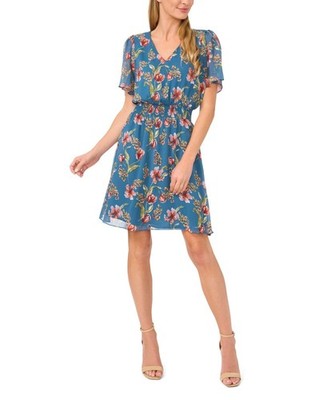 CeCe Floral V-Neck Short Flutter-Sleeve Dress Women's L Mallard Blue Back Zip