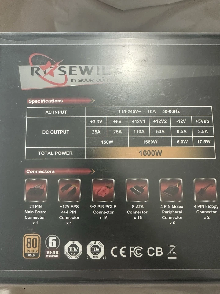 Rosewill Hercules 1600W Power Supply PSU 80 PLUS Gold - NEW Open Box Ga0 - Image 4 of 4