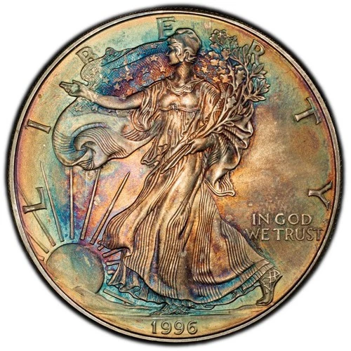 MS66 1996 $1 ASE Silver Eagle Dollar, PCGS Trueview- Rainbow Toned Key Date