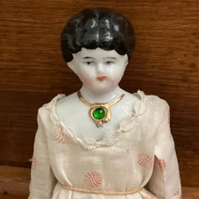 Rare Antique German China Doll, Jewel Necklace Hertwig. 8" Good Condition!