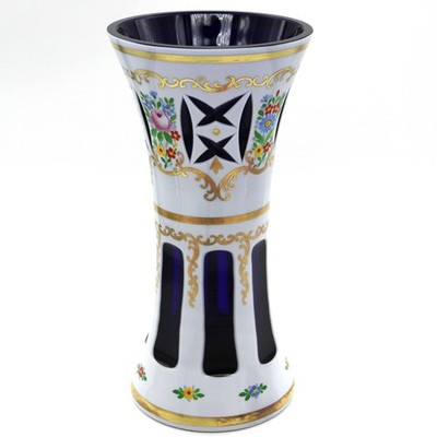 Moser Glass Czech Bohemian Case White Cut to Cobalt Blue Vase Hand Painted 10.25