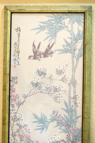 Vintage chinesische 2 große gerahmte Wandbehang Drucke Blumen/Vögel 13 3/4" x 38" - Bild 9 von 11