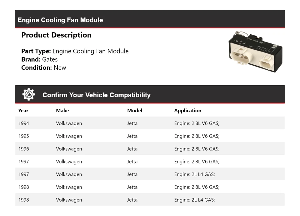 For 1994-1998 Volkswagen Jetta Engine Cooling Fan Module Gates 1995 1996 1997 - Image 2 of 4