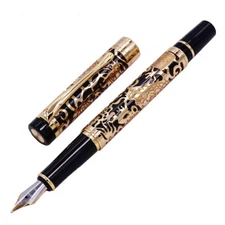 Jinhao Fountain Pen Dragon Texture Carving F Nib Writing Pen (Black & Golden)