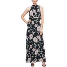 SLNY Womens Black Chiffon Metallic Evening Dress Gown Petites 8P