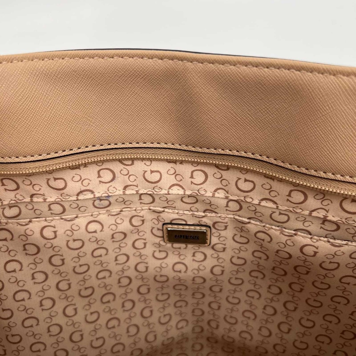 Guess Cream Beige Logo Print Large Tote Made in Cambodia