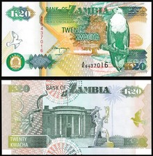 Zambia 20 kwacha 1992 Fish Eagle Bird Kudu Liberty Monument P36b Prefix A/E UNC