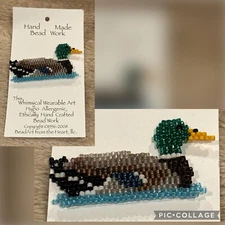 Mallard Duck Pin/Brooch - Hand Made Bead Work Wearable Art w/ Seed Beads