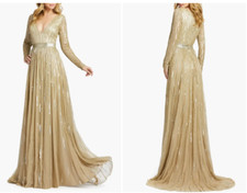 MAC DUGGAL 4977 SEQUINED V-NECK ILLUSIONS A-LINE TAUPE GOWN  sz 16