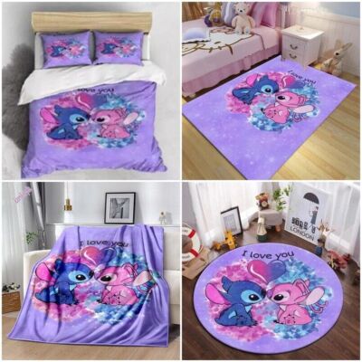 Lilo Stitch 3D Bettbezug Kissenbezug Bettwäsche Set Dünn Decke Teppich lila