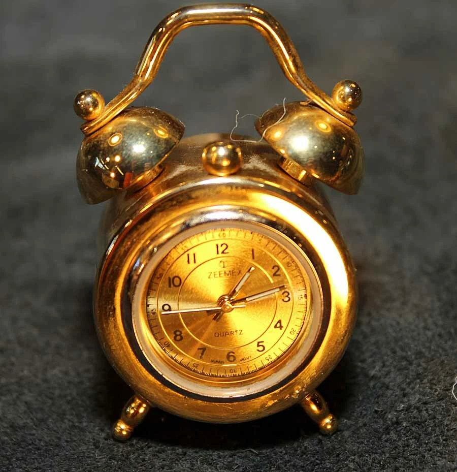 Zeemex Miniature Alarm Clock Clock Gold Brass Japan Quartz Movement