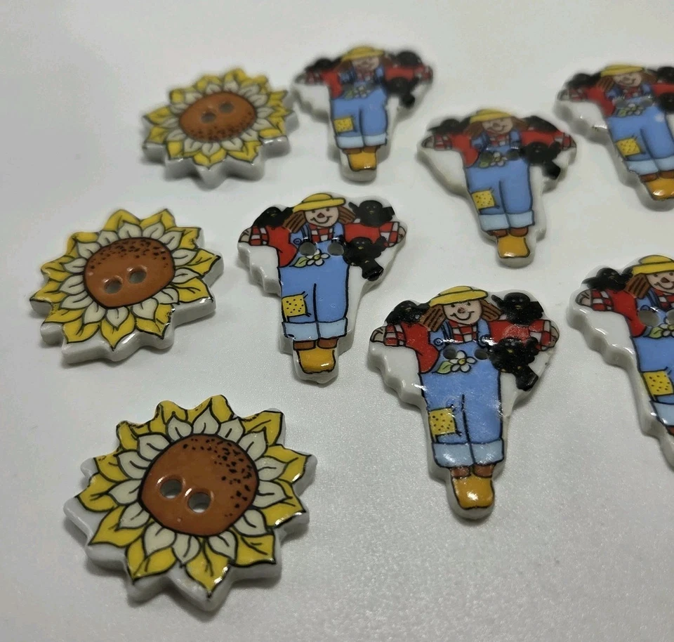 Vintage Unknown Brand 12 Ceramic Sewing Buttons Sunflower Scarecrow Bless Garden - Image 3 of 4