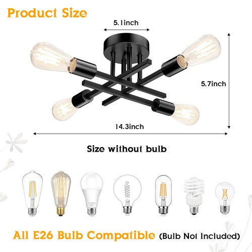 Semi Flush Mount Ceiling Light Fixture Matte Black, Modern Sputnik Close to C... - Picture 3 of 7