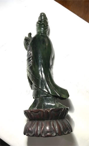 Chinese Carved green jade lady on wood stand - Picture 10 of 11