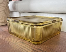 1940's Federal glass ribbed amber refrigerator dish crisper LG size &  lid 8.5”