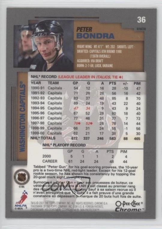 2000-01 Topps Chrome O-Pee-Chee Refractor Peter Bondra #36 - Image 2 of 2