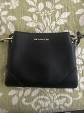 Michael Kors Black Leather Crossbody Purse with Middle Zip Closure Gold Accents