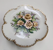 VTG Lipper & Mann Roses & Violets Gold Trim Pedestal Compote or Cake Stand Japan