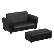 Kids Sofa Bed Kids Twin Sofa Toddler Chair 2 Seater Couch with Footstool (Black)