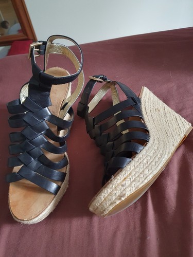 Belle schwarze Riemchen Gladiator Sandalen High Heel Keilabsatz Gr. 6