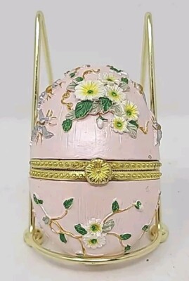 Trinket Box Hindged Egg  Pale Pink Daisy Floral Jewelry Storage Keepsake Gift