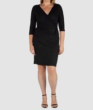 24seven Comfort Apparel Women's Black V-Neck 3/4 Sleeve Dress Plus Size 1X
