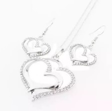 Double Heart Romantic Crystal Earrings and Necklace set Silver Toned