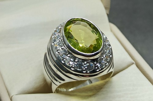 Big Pale Green Peridot Mens Ring Sterling Silver 925 Handmade Green Beryl Ring - Picture 4 of 12