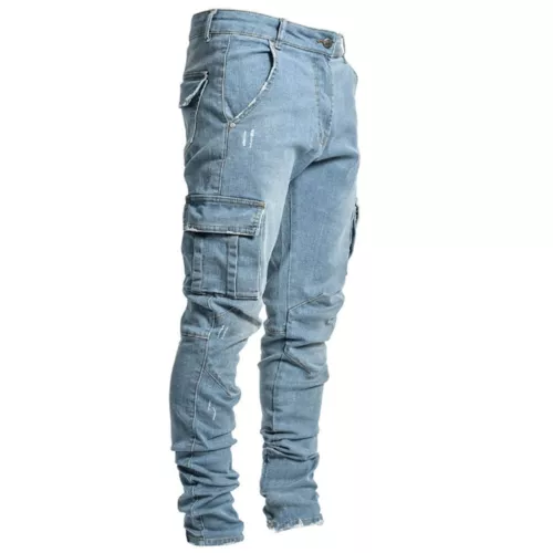 Men Skinny Jeans Stretch Slim Fit Pants Bike Jeans Cargo Pants Pockets Ripped - Picture 5 of 17