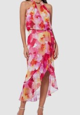 Xscape Womens Pink Halter Neckline Floral-Print Sleeveless Dress Size 6