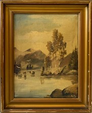 Dipinto A Olio Paesaggio Con Betulle Al Lato Del Lago Monogramma 45,5 X 37 Cm
