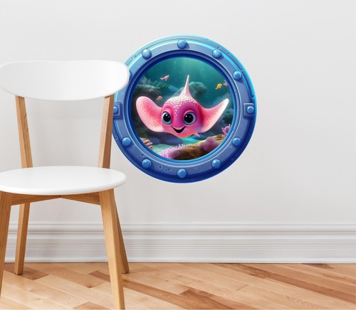 Stingray Cartoon Porthole 3D Window Wall Decal Ocean Sea Life Wall Art Decor - Picture 4 of 6