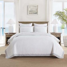 3-Piece 100 Cotton White Striped Quilt Set with Botanical Edge Embroidery TC134