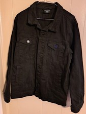 Mens Victorious Black Denim  White World Tour Patches Button-Up Jacket LARGE