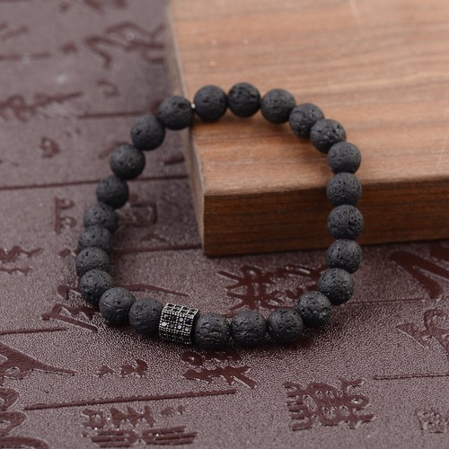Natural Stone Beads Lava Bracelets Luxury CZ Paved Six Wheel Column Mens Braclet - Picture 18 of 50