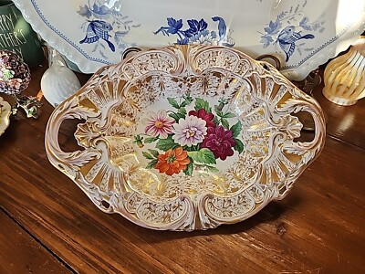 13.5'' SPM Antique Schmeisser Hand Painted Florals Gold Gilded Bowl Germany