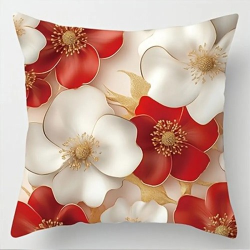 Red White Gold Rhythm Floral Pattern Home Pillow Cover Cushion Cover with Zipper - Picture 9 of 20