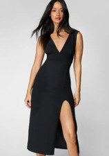 BNWT Nastygal Plunging V-Neckline Split Midi Dress Black Sz:14 RRP:£30.00