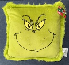 NEW Green Faux Fur GRINCH Face Pillow 15  Square Plush Holiday CHRISTMAS Decor
