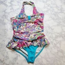 Lands' End Swimsuit Girls 14 Paisley 1 piece Blue Pink Halter Beach