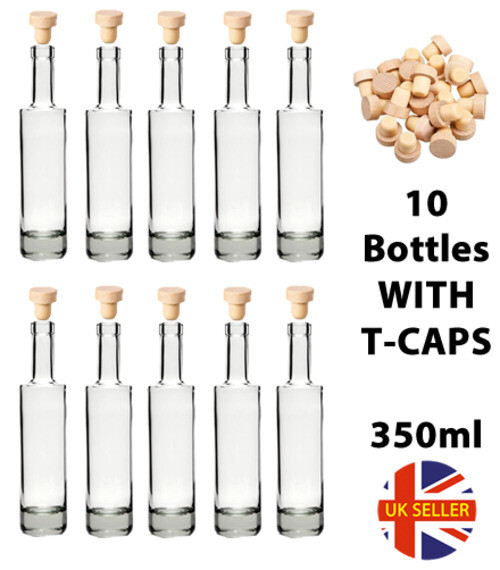 10 botellas de vidrio nuevas de 350 ml + jugo de corcho en T, bodas, salsa, candelabro de vino