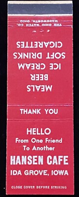 HANSEN Cafe Ida Grove Iowa Vintage FrontStrike Matchcover B-4030