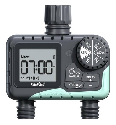 New ITV205 RainPoint Programmable 2 Zone Water Timer w/Rain Delay/Auto Control