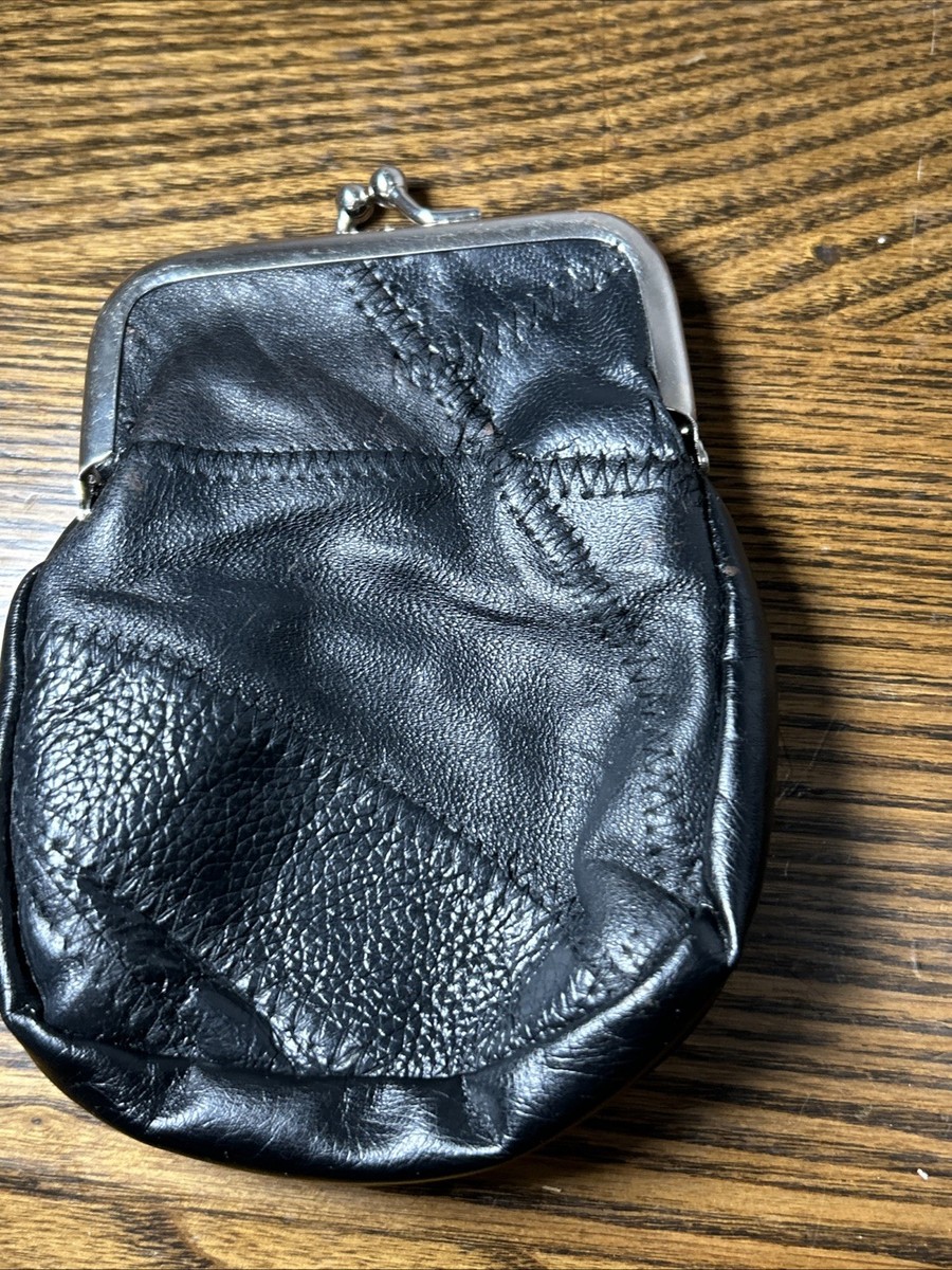Vintage Black Leather Cigarette Coin Purse Kiss-lock Snap Top