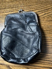 Vintage Black Leather Cigarette Coin Purse Kiss-lock Snap Top Pouch