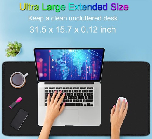 Large Extended Gaming Mouse Pad with Stitched 31.5L x 15.6W inches, Black - Afbeelding 2 van 7