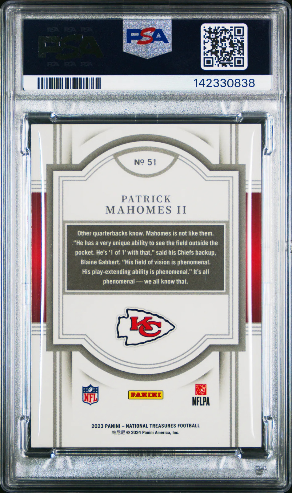 2023 Panini National Treasures Patrick Mahomes II 51/99 #51 PSA 10 GEM MINT view 2