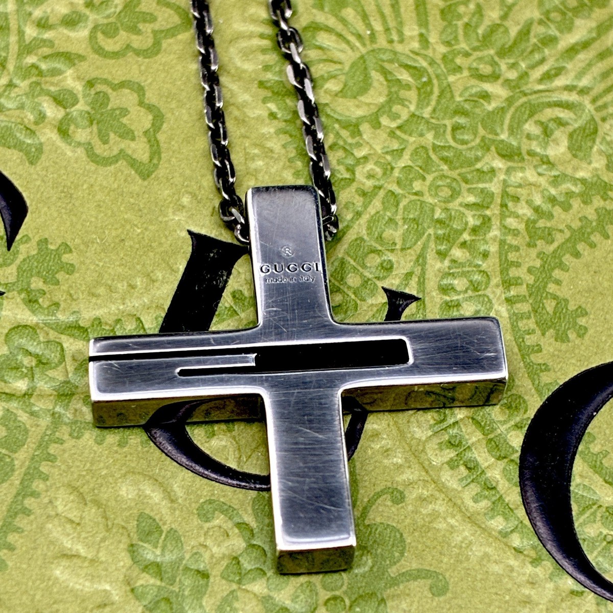 GUCCI Cut Out G Cross Pendant Necklace Black Rhodium Coated