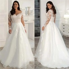 Sheer V-neck Wedding Dress Long Sleeves Lace Tulle Applique A-Line Bridal Gown