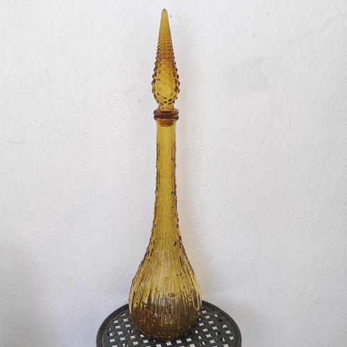 Vintage MCM Empoli 22" Green Hobnail Amber Wax Drip Glass Genie Bottle Decanter - Picture 3 of 9